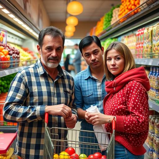 Famiglia italiana che fa la spesa al supermercato con espressioni preoccupate
