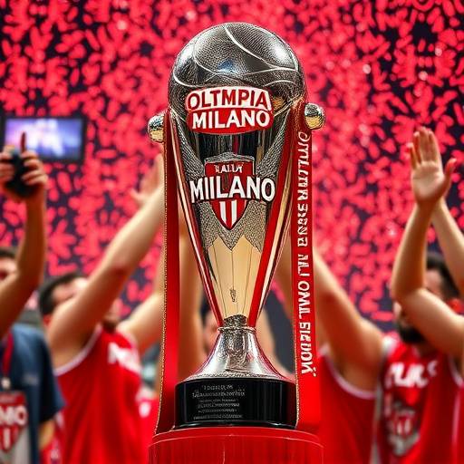 Giocatori dell'Olimpia Milano sollevano il trofeo del campionato italiano di basket.