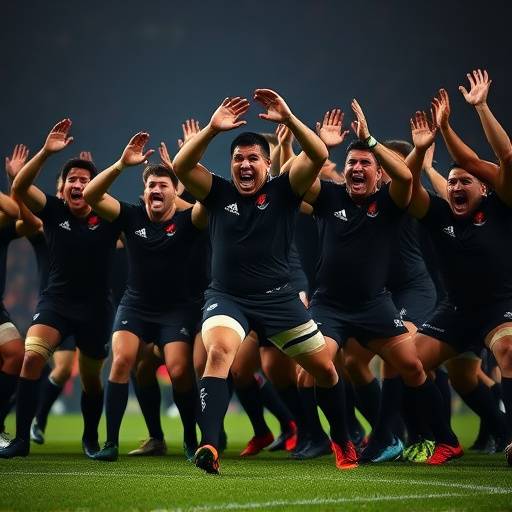 Giocatori della Nuova Zelanda (All Blacks) eseguono la Haka prima di una partita di rugby contro l'Italia.