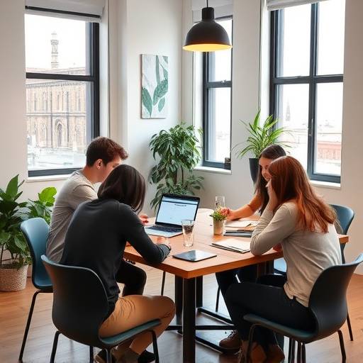 Giovani imprenditori che collaborano in uno spazio di co-working a Bologna