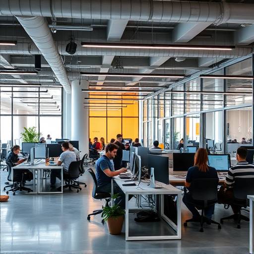 Immagine del nuovo polo tecnologico di Torino con persone che lavorano in uffici moderni.