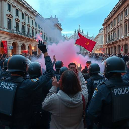 Immagine di una manifestazione a Milano con scontri tra manifestanti e polizia.