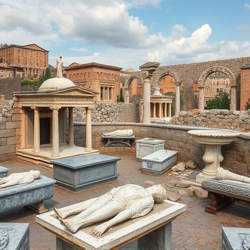 Immagine di una necropoli romana con sarcofagi e resti di antiche tombe.
